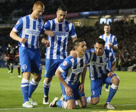 Albion celebrate a goal against QPR. Picture by Angela Brinkhurst