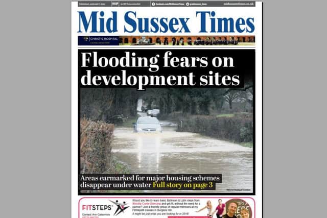 Mid Sussex Times front page from January 2016 showing flooding in the area SUS-160422-104922001