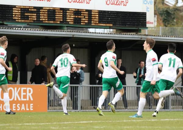 The Rocks celebrate Jason Prior's early opener against Hendon / Picture by Tim Hale