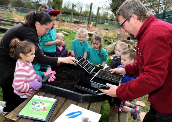 Willow Tree Pre-School children in Crawley are planting the 'Rocket seeds' that have been in space with astronaut Tim Peake. Here with Shaun Howell, Plant Area Manager Squires, Crawley. Pic Steve Robards  SR1611229 SUS-160419-133444001