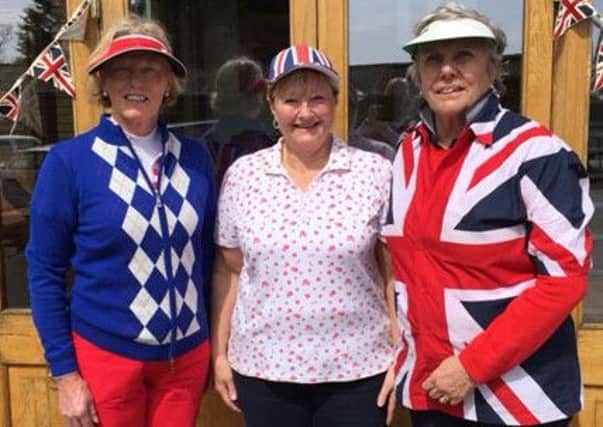 the best-dressed team in the Queens birthday scramble at Piltdown: l to r, Brenda Allvey, Sheila Horscroft and Judith Eggers.