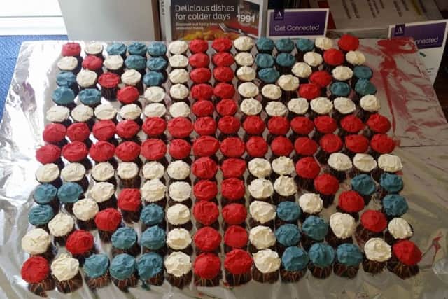Cakes made by Betty Richardson, made into a Union Flag design