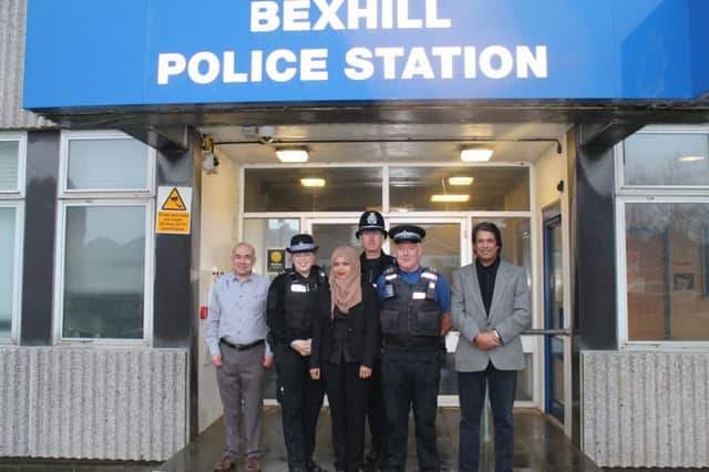 Paul Courtel (Secretary, Bexhill Central Neighbourhood Police Panel), PCSO Victoria Renel, Ritha Ahmed, PC Jason Kemp, PCSO Neil Holden, Councillor Abul Azad (Bexhill Central.) SUS-160429-143242001