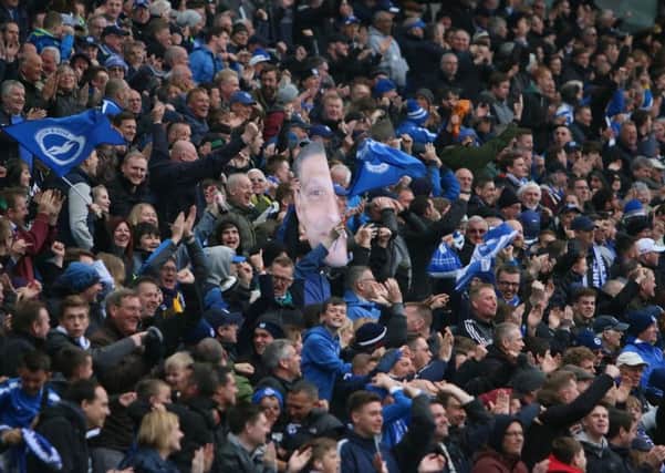 Albion fans celebrate the late equaliser against Derby. Picture by Angela Brinkhurst
