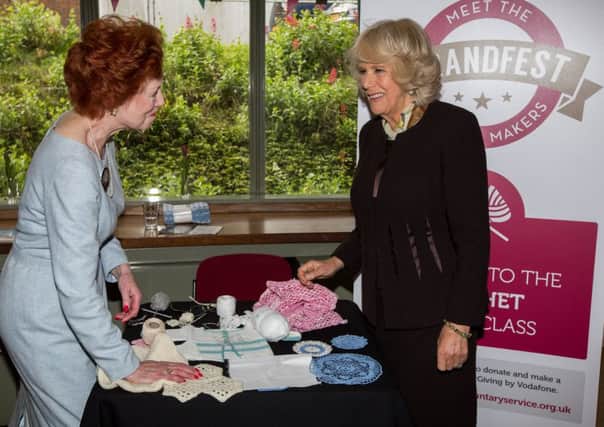 HRH The Duchess of Cornwall speaks to GrandMaker Celia Dennis, who will teach Crochet at GrandFest 2016, hosted by Royal Voluntary Service