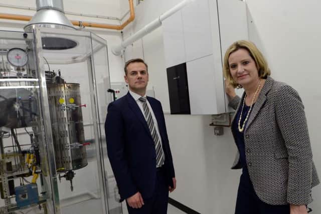 ENERGY SECRETARY AMBER RUDD, MP VISITS FUEL CELL TECHNOLOGY COMPANY CERES POWER, HORSHAM, SUSSEX.
Picture shows Amber Rudd with Phil Caldwell, Chief Executive of Ceres Power (CREDIT: DANIEL LYNCH www.lynchpix.co.uk) SUS-160905-132106001