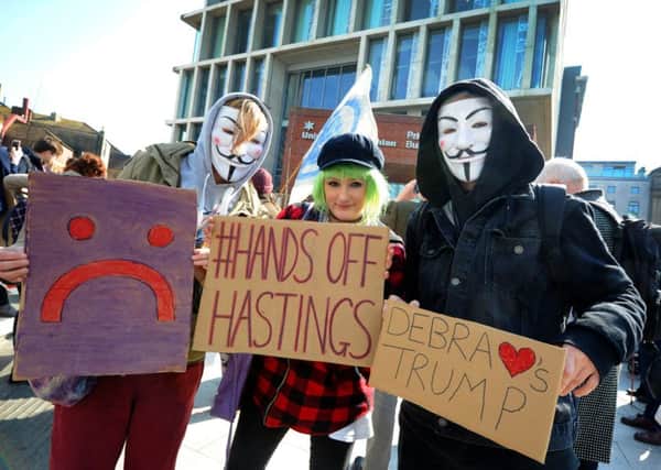 Demonstration outside University of Brighton in Hastings in March. SUS-160317-144439001