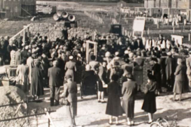 The community bricklaying ceremony for the church hall on October 10, 1953