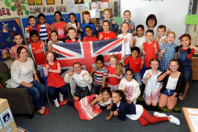 Our Lady Queen of Heaven school held a red, white and blue day to celebrate the Queen's 90th birthday. Pic Steve Robards  SR1613500 SUS-160513-174251001