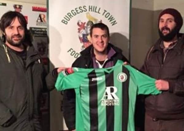 David Earl (left) with Burgess Hill Town FC media manager Dave Bradbury (middle) and Joe Wilkinson (right).