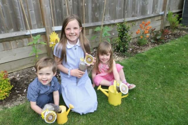Tillys Sunflowers - Matilda, 7, with twins Austin & Clementine, 2.