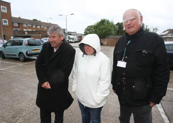 Concern over boy racers in Southwick Square car park. Cllrs Peter Metcalf left and David Simmons pictured with Joanne Heard in the car park. Photo by Derek Martin SUS-160531-112724008