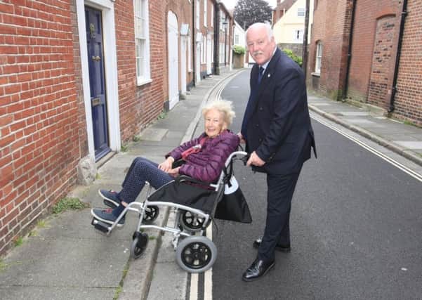 Chichester wheelchair challenge. Deputy Mayor Cllr Peter Evans and Prue Sokell. Photo by Derek Martin