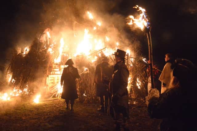 Robertsbridge Bonfire Society. Torchlight procession, bonfire and fireworks. November 21st 2015. SUS-151123-064127001