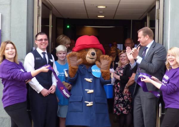 Paddington Bear at the launch of the Carfax branch of NatWest