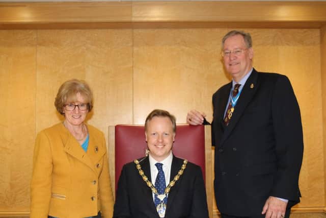 Christian Mitchell, new chairman of Horsham District Council with the High Sherriff of West Sussex, Mark Spofforth OBE, and Pat Arculus as Chairman of West Sussex County Council. SUS-160526-115043001