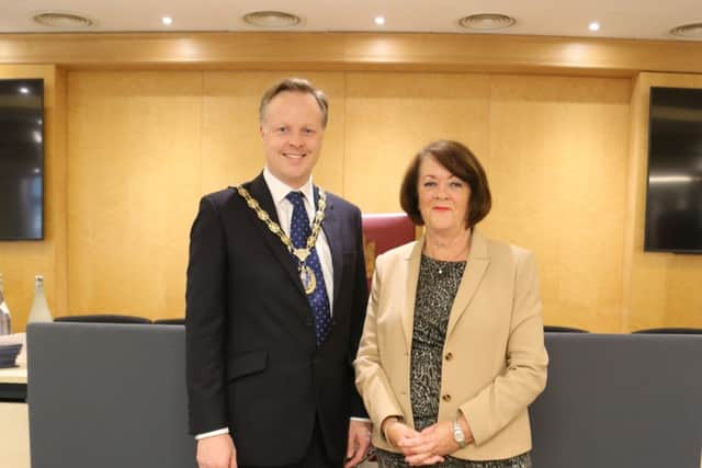 Christian Mitchell new chairman of Horsham District Council with outgoing chairman Tricia Youtan SUS-160526-115732001