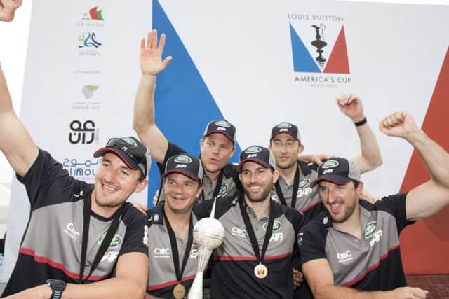 2016 Louis Vuitton Americas Cup World Series. LandRover BAR skippered by Ben Ainslie (GBR) shown here celebrating after winning the first event of 2016 Pictures: Lloyd Images