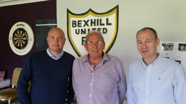 New Bexhill United Football Club joint managers Nigel Kane (right) and Ryan Light (left) with chairman Bill Harrison. Picture courtesy Mark Killy