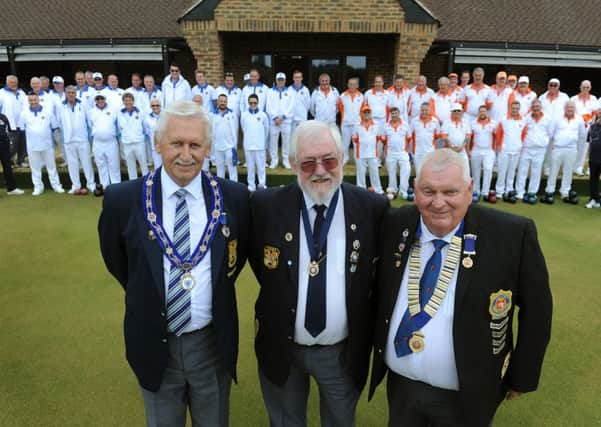 Horsham Bowls Club hosting their first-ever home counties league match. Sussex v Middlesex. Sussex President Terry Grirriths, Mike Power and Middlesex President Ron Searle   Pic Steve Robards SR1615129 SUS-160530-131156001
