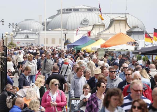 Crowds at Worthing seafront where the bank holiday beach markets are being held. Photo by Eddie Mitchell.