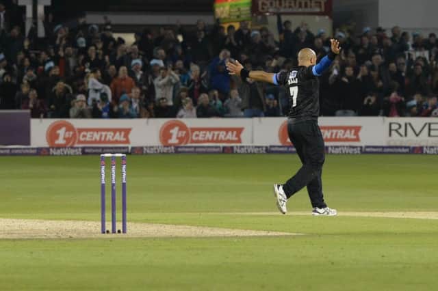 Tymal Mills celebrates claiming the winning wicket on Wednesday. Picture by Phil Westlake