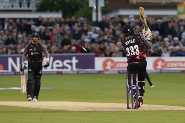 Gayle is bowled by Tymal Mills. Sussex v Somerset. T20 Blast. Picture by Phil Westlake