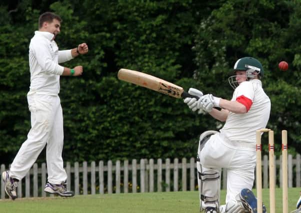 David Hooper (Mayfield) bowled by Jonny Phelps. Mayfield v Haywards Heath. Picture by Ron Hill (HillPhotographic)
