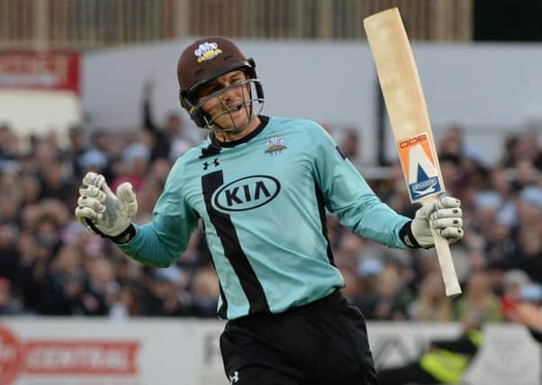 Jason Roy celebrates his century. Sussex v Surrey in the NatWest T20 Blast. Picture by Phil Westlake