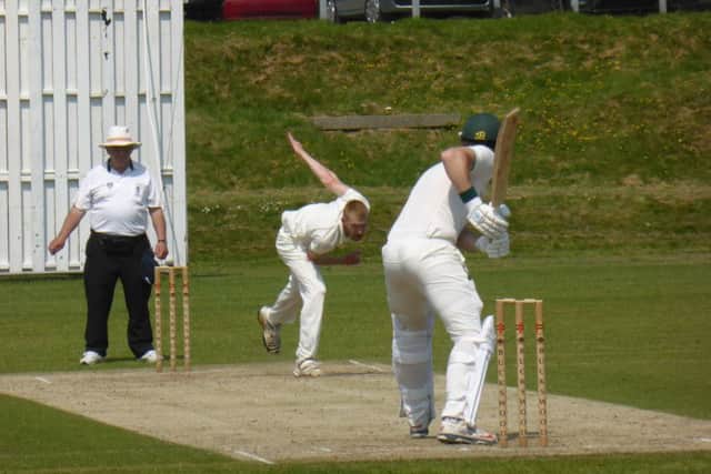 Hastings Priory v Burgess Hill cricket action - Bradley Payne bowling for Priory SUS-160506-214112002