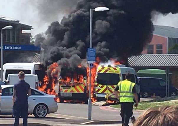 Ambulances on fire outside East Surrey Hospital. Photo contributed by Richie Ashwin and Endoscopy Booking Team.