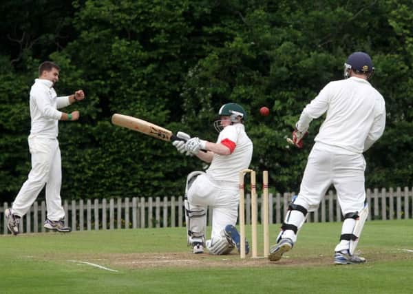 David Hooper (Mayfield) bowled by Jonny Phelps. Mayfield v Haywards Heath. Picture by Ron Hill (HillPhotographic)
