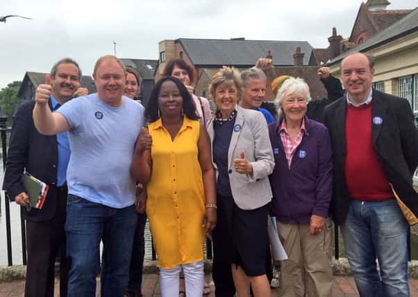 Lewes Bridge by-election victory celebrated by Lib Dems.  Will Elliott and Janet Baah with former MP Norman Baker and local campaigners for the UK to remain in Europe (photo submitted). SUS-160706-153723001