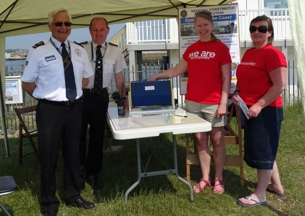 Shoreham lookout station open day. Clare Watson and Nicola Burroughs of Santander Bank, with Laurie Hays and Jim King of National Coastwatch.
