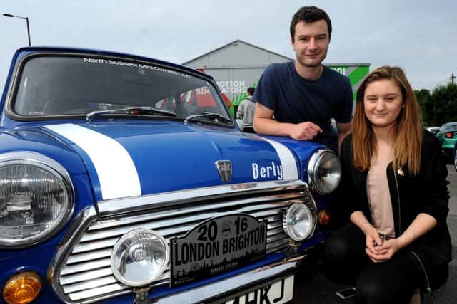 The Roundel Run rally through Surrey will make a pit-stop at let's race in Horley. Loads of different cars from classic and vintage vehicles to modern sports cars are expected to be there. James Simpson and Leah Tavener in a 94 Mini Sprite. Pic Steve Robards  SR1616338 SUS-160613-103722001