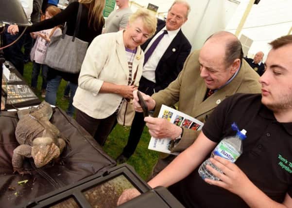 Sir Nicholas Soames taking a picture of Boris the bearded dragon