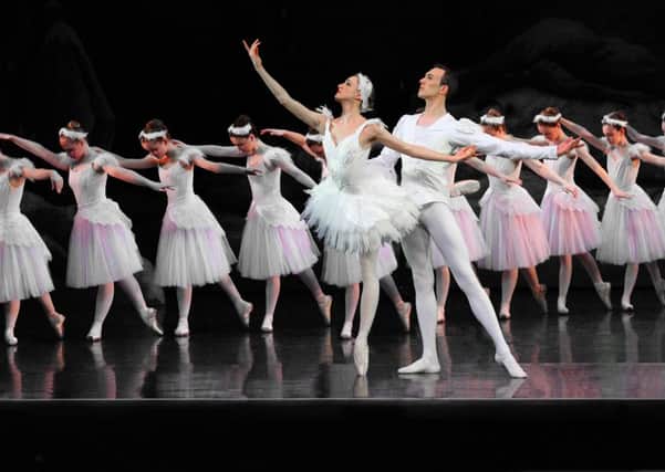Adele Robbins, "Odette" and Oli Speers, "Prince Sergei",  with members of the Corps de Ballet, English Youth Ballet (EYB) "Swan Lake" production, dress rehearsal, live action stills at the Waterside Theatre, Aylesbury, Buckinghamshire in April 2015 - picture by Peter Mares courtesy of the English Youth Ballet