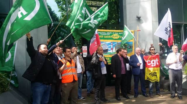 RMT joined by TSSA and French-union CGT supporters in protest over threat to Southern guards at Keolis HQ, French co-owners of Govia Thameslink Railways last week (photo submitted by the RMT). SUS-160620-172450001