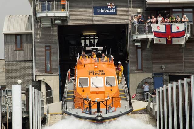 The Shoreham all weather lifeboat launching at an open day at the lifeboat station