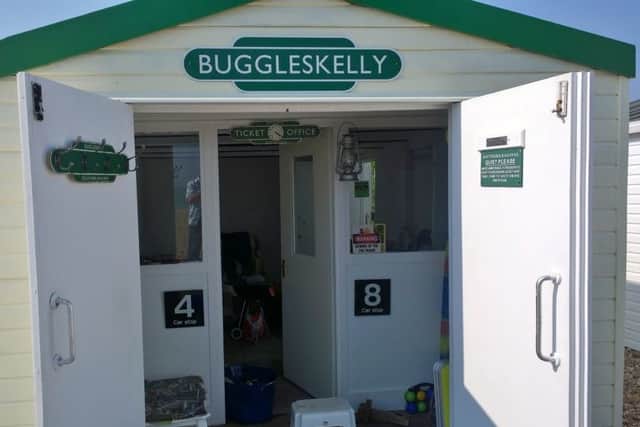 Buggleskelly beach hut at Glyne Gap is owned by Chris Dewey and is inspired by the train station in his favourite film. Photo courtesy of Towergate Insurance
