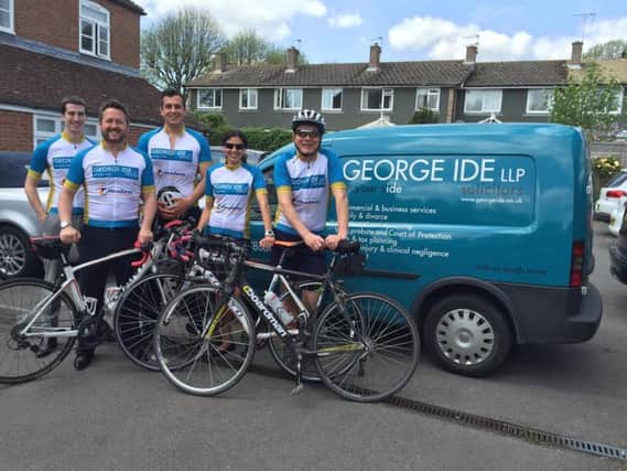 Charity bike riders (l to r) Ashley Partridge, Paul Lewis, Tom Oliver, Emma Montiel and Paul Fretwell