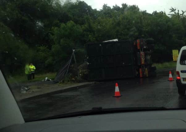 The overturned lorry on the A22. Photo by @burtgoogly on Twitter