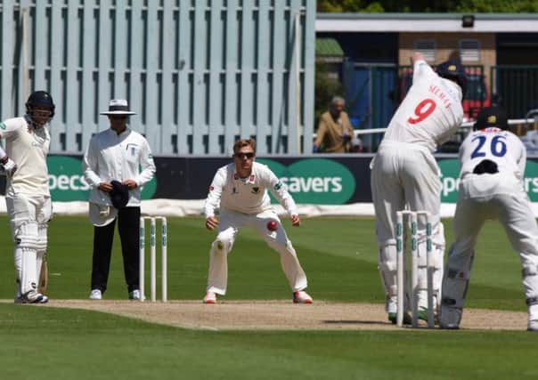 Danny Briggs bowling. Sussex v Glamorgan at Hove. Picture by Phil Westlake