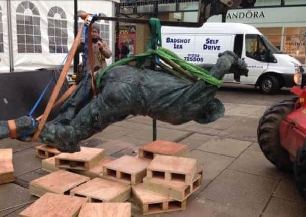 The Spirit of Cricket statue was accidentally damaged during the installation of the ice-rink at Priory Meadow SUS-160407-143514001