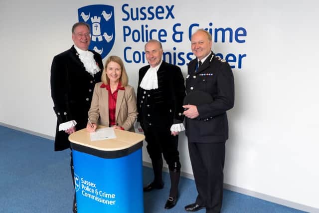 Police & Crime Commissioner Katy Bourne with Chief Constable Giles York and the High Sheriffs of East and West Sussex Mark Spofforth and Michael Foster. SUS-160513-161535001