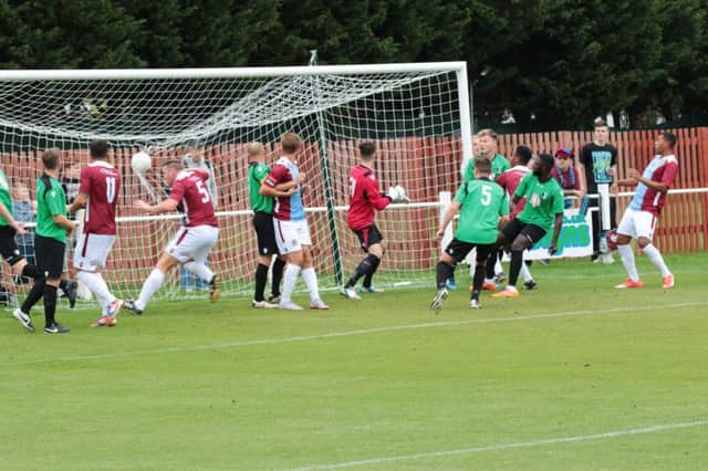 Hastings United score one of their three goals in last season's FA Cup tie away to Cray Valley (PM). Picture courtesy Joe Knight