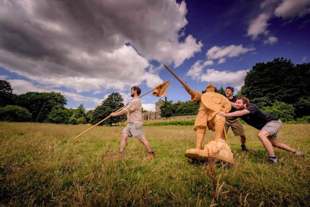 Beautifully carved oak figures  including a Norman knight on horseback and an Anglo-Saxon shield wall  are installed across the battlefield, evoking the two armies and the drama of the battle. Â© English Heritage SUS-160713-145433001