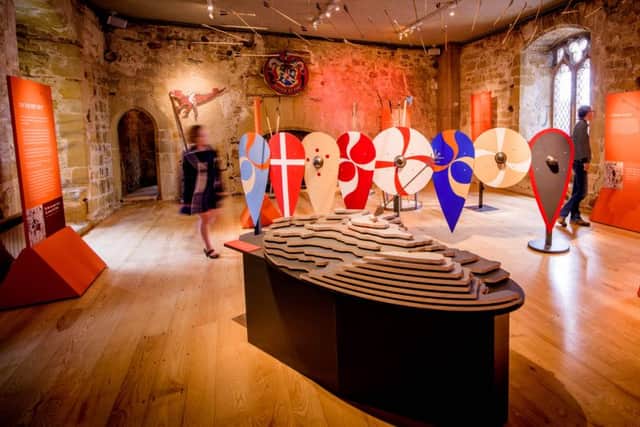 Shield wall installation in the new Gatehouse exhibition, which tells the story of the battle, and the very different preparations of the opposing armies. Â© English Heritage SUS-160713-145419001
