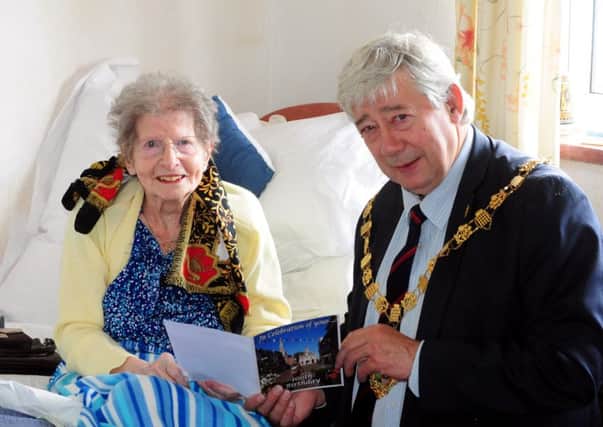 Chichester mayor Peter Budge with May Bell on her 100th birthday