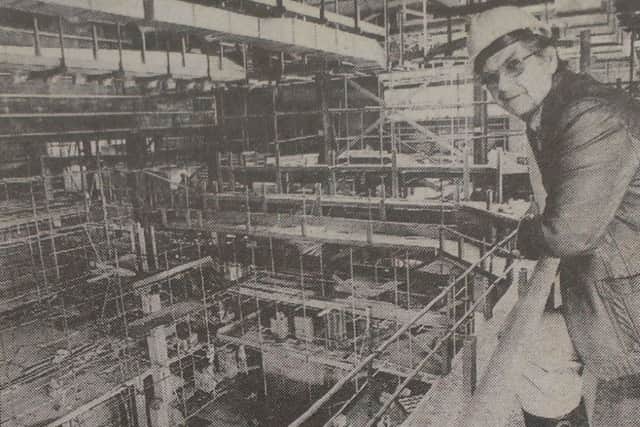 Councillor Jim Smith inside the half-finished Hawth in 1987
